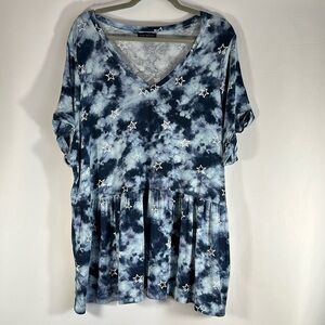 Lane Bryant Blue Tie Dye Star Babydoll Knit Stretchy Top